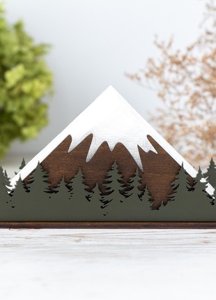 Wooden Cocktail Napkin Holder with Mountains & Forest Design8 photo