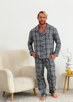 Men's COZY Flannel Pajamas (Pants+Shirt) Check Grey/Black/White F401P1 photo