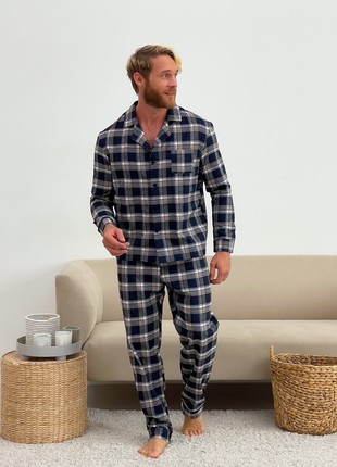Men's Pajamas COZY Flannel Home Suit (Pants+Shirt) Navy/Beige/White F501P1 photo