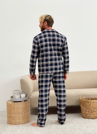 Men's Pajamas COZY Flannel Home Suit (Pants+Shirt) Navy/Beige/White F501P2 photo