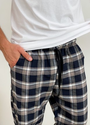 Men's Pajamas COZY Flannel Home Suit (Pants+Shirt) Navy/Beige/White F501P7 photo