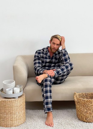 Men's Pajamas COZY Flannel Home Suit (Pants+Shirt) Navy/Beige/White F501P9 photo