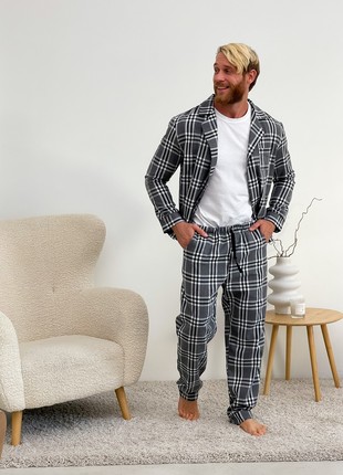 Pajamas for Men COZY Home Flannel Suit for Men (Pants+T-shirt+Shirt) Grey/Black/White F401P+f01