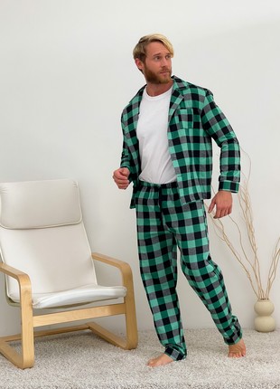 Pajamas for men COZY home men's flannel suit (pants+T-shirt+shirt) cage green/black F201P+f015 photo