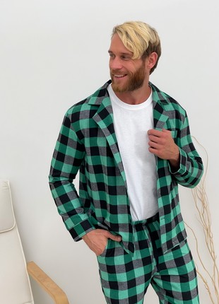 Pajamas for men COZY home men's flannel suit (pants+T-shirt+shirt) cage green/black F201P+f016 photo