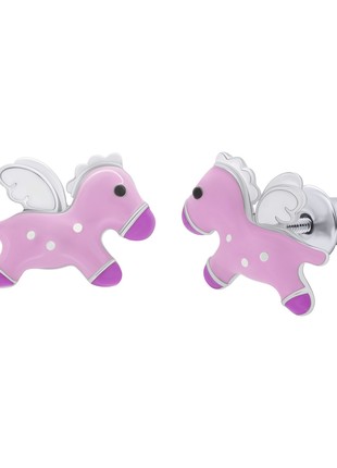 Stud earrings Pegasus with pink and white enamel