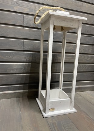Candlestick wooden lantern 22x22x60 White-Grey2 photo