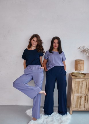 Japanese style pajama set. Loose fit loungewear 3 pieces set. Navy blue robe and pants with purple blouse2 photo