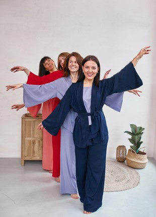 Japanese style pajama set. Loose fit loungewear 3 pieces set. Navy blue robe and pants with purple blouse