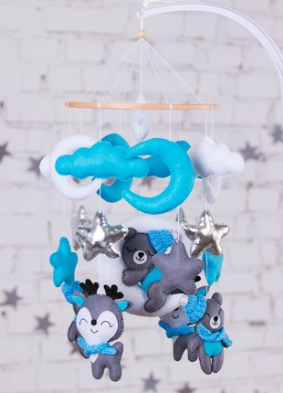 Musical baby mobile with bracket, Baby mobile "Bears and deers" for boys