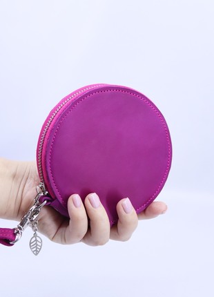 Leather small women's round zipper wallet with hand strap/ Pink3 photo