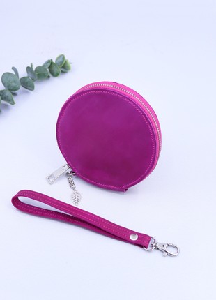 Leather small women's round zipper wallet with hand strap/ Pink5 photo
