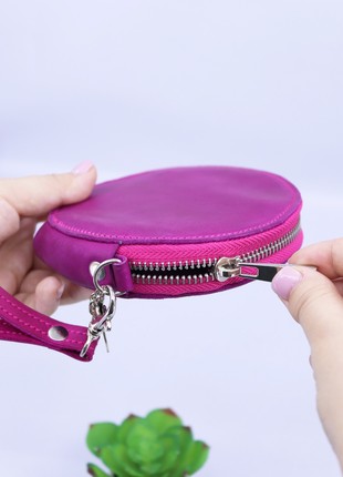 Leather small women's round zipper wallet with hand strap/ Pink6 photo
