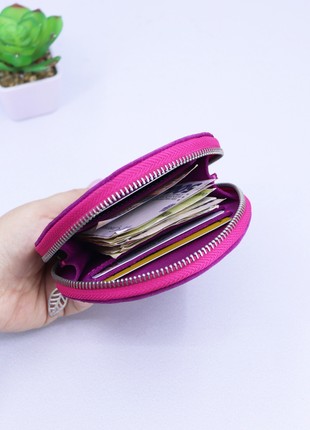 Leather small women's round zipper wallet with hand strap/ Pink8 photo