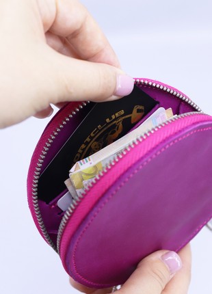 Leather small women's round zipper wallet with hand strap/ Pink9 photo