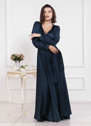 Evening long blue dress with a wide belt1 photo