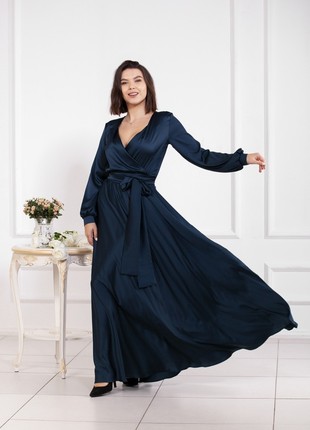 Evening long blue dress with a wide belt2 photo