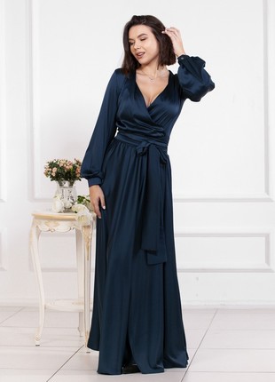 Evening long blue dress with a wide belt3 photo