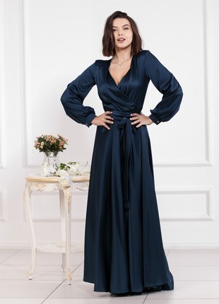 Evening long blue dress with a wide belt4 photo