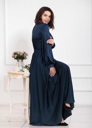Evening long blue dress with a wide belt6 photo