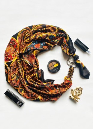 Silk scarf My Scarf "Golden autumn in Ukraine " luxurious print. Decorated with natura tiger's eye  stone