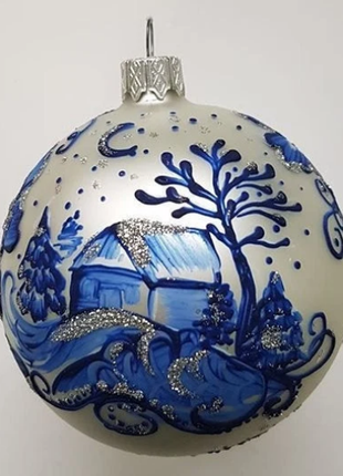 Village House Christmas Ornament, Blue and Silver Handpainted Bauble2 photo
