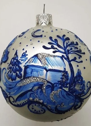 Village House Christmas Ornament, Blue and Silver Handpainted Bauble3 photo