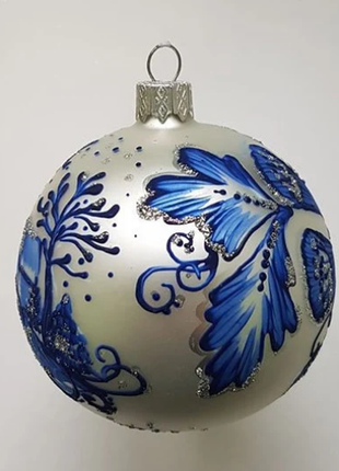Village House Christmas Ornament, Blue and Silver Handpainted Bauble4 photo
