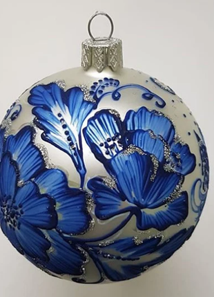 Village House Christmas Ornament, Blue and Silver Handpainted Bauble5 photo