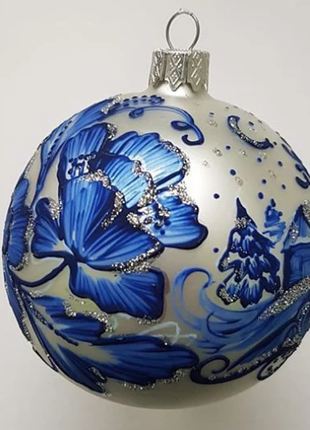 Village House Christmas Ornament, Blue and Silver Handpainted Bauble6 photo