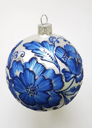 Village House Christmas Ornament, Blue and Silver Handpainted Bauble8 photo
