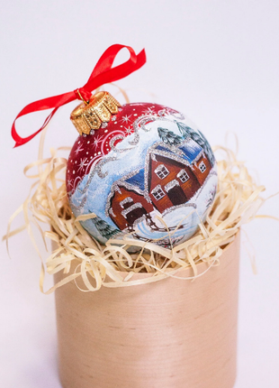 Village House Christmas Ornament, Red Handpainted Bauble2 photo
