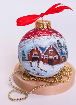Village House Christmas Ornament, Red Handpainted Bauble6 photo
