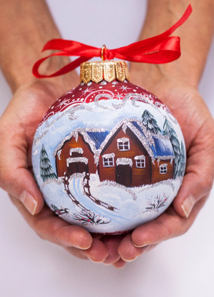 Village House Christmas Ornament, Red Handpainted Bauble9 photo