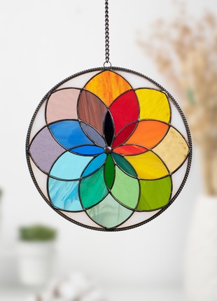 Rainbow mandala stained glass panel