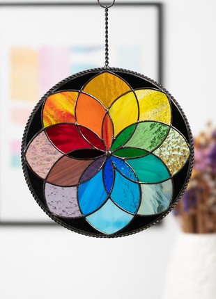 Rainbow mandala stained glass window hangings