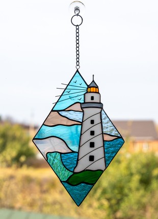 Lighthouse stained glass window panel