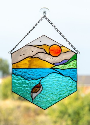Custom stained glass panel with boat