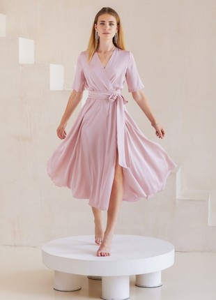 Silk powder midi dress with short sleeves2 photo