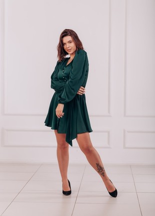 Silk short green dress with long sleeves and bow belt2 photo