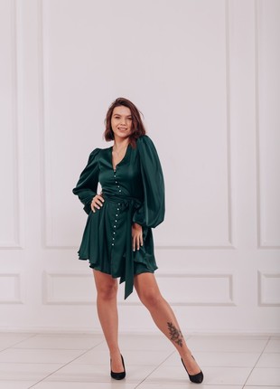 Silk short green dress with long sleeves and bow belt3 photo