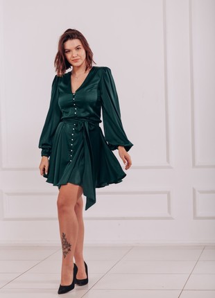 Silk short green dress with long sleeves and bow belt5 photo