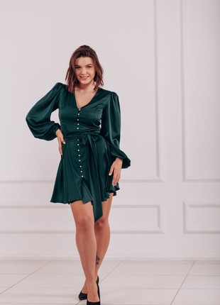 Silk short green dress with long sleeves and bow belt6 photo