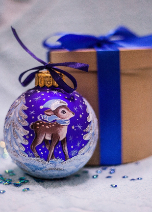 Baby 1st Christmas Hand Painted Glass Ornament, Reindeer Bauble